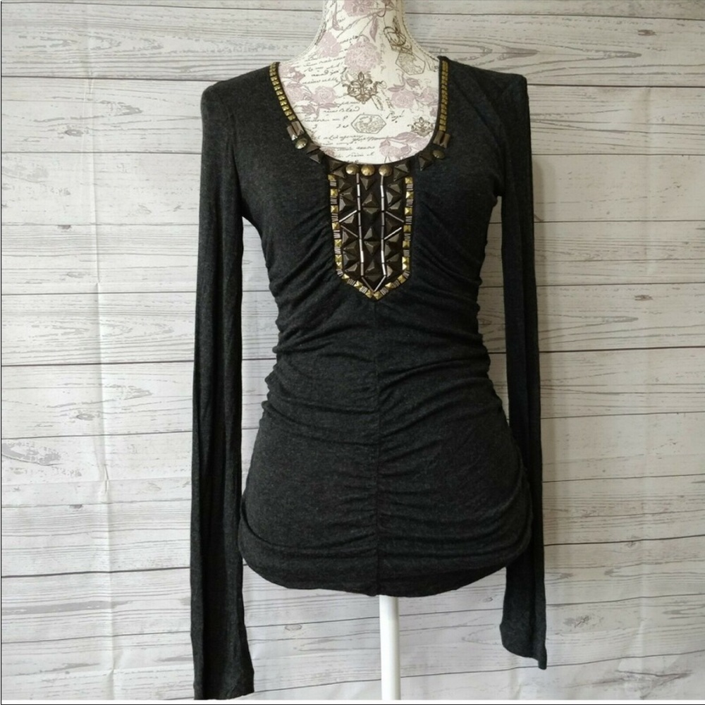CAbi Style #158 Ruched, Beaded Neck Top.